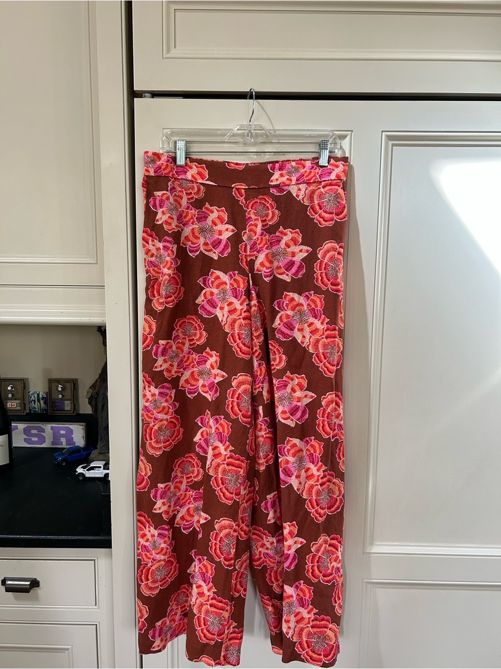 LOFT Brown Wide-Leg Pants with Pink Floral Print